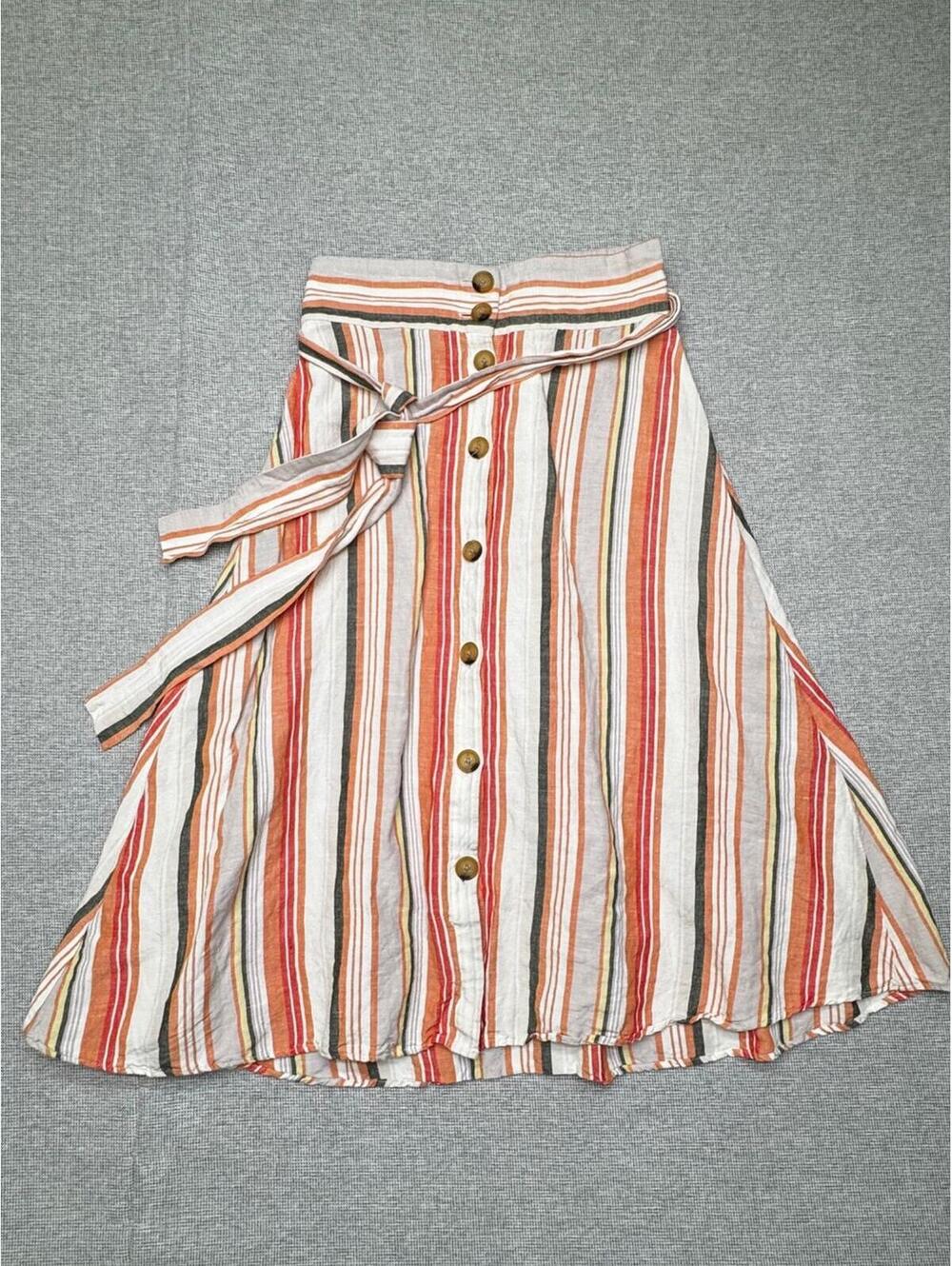 A New Day Multicolor Striped 100% Linen Button Front Wrap Midi Skirt Sz M